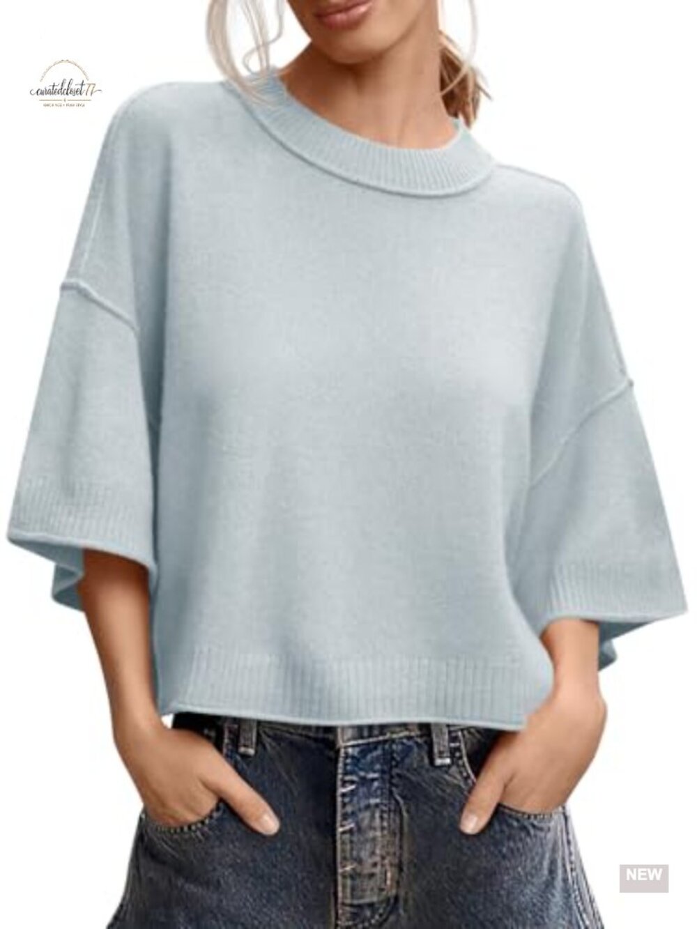 Womens Short Sleeve Cropped Sweater Oversized Knit Pullover
